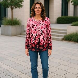 Saks Fifth Avenue Womens Cardigan Sweater Pink Cherry Blossom Print S/P Buttoned